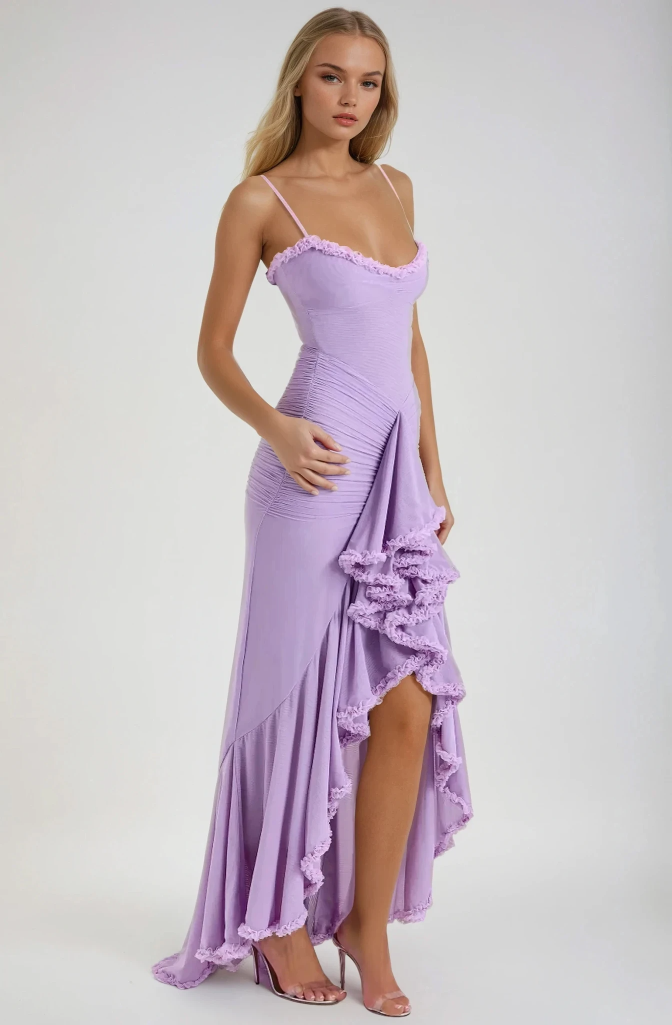 Women's Ruffle Maxi Dress with Spaghetti Straps and Ruched Waist - Sofia Maris