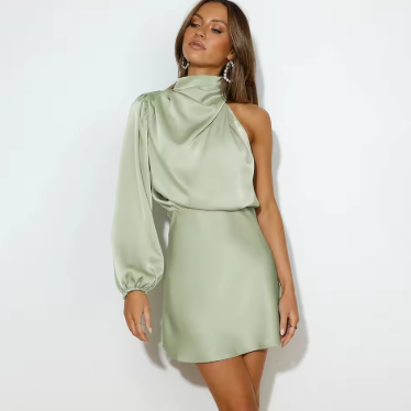 Women's One Shoulder Mini Dress with Long Sleeve and Draped Neck - Sofia Maris