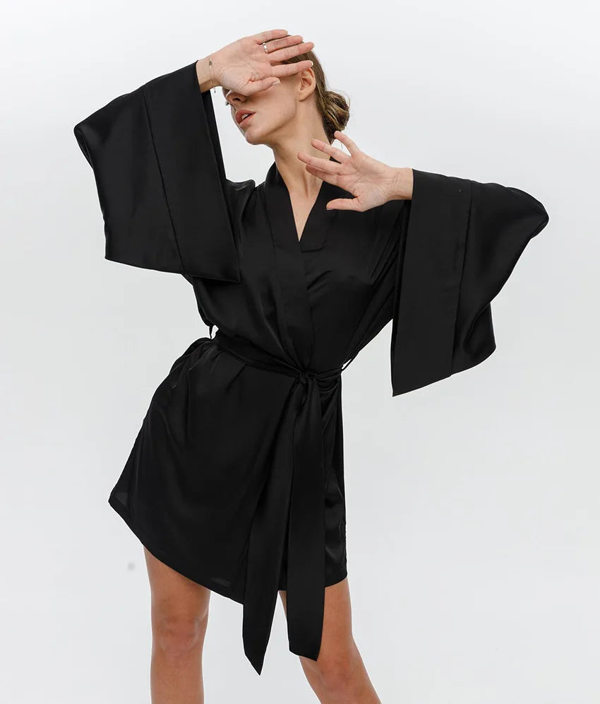 Women's Short Kimono Dressing Gown with Belted Waist and Wide Sleeves - Sofia Maris