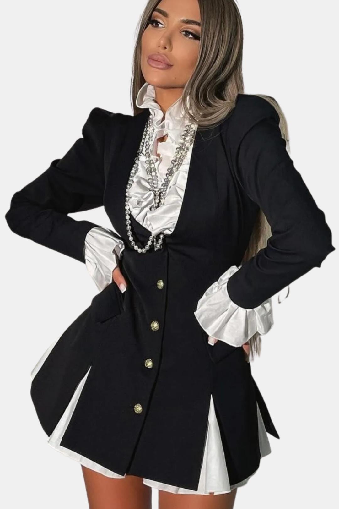 Selvanna – Long Sleeve Ruffle Mini Shirt Dress