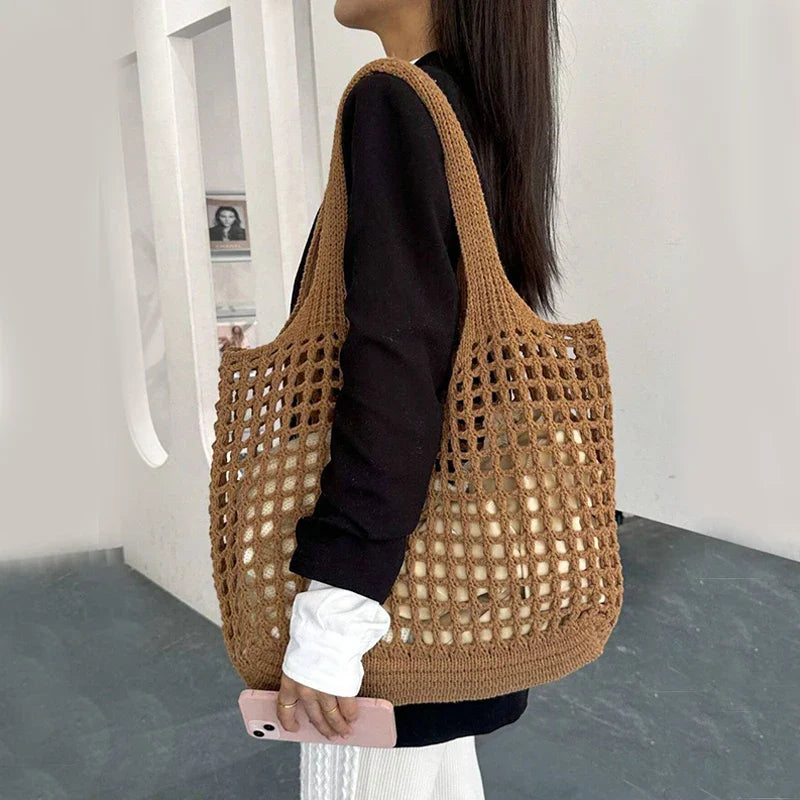 Women's Crochet Tote Bag with Hollow Knit and Large Capacity - Sofia Maris