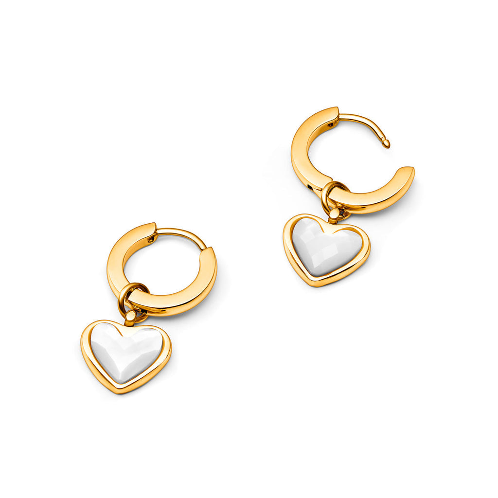 White Quartz Heart Huggie Abbott Earrings (Gold)