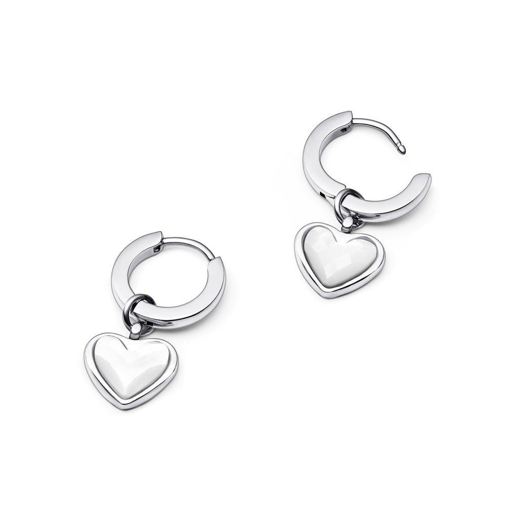 White Quartz Heart Huggie Abbott Earrings (Silver)