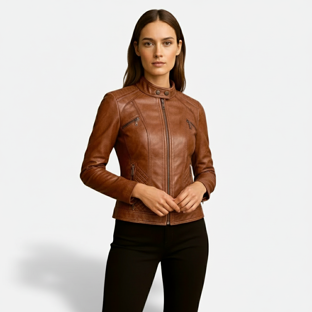 Sofia Maris Women’s Slim-Fit Zip-Up Leather Moto Jacket - Sofia Maris