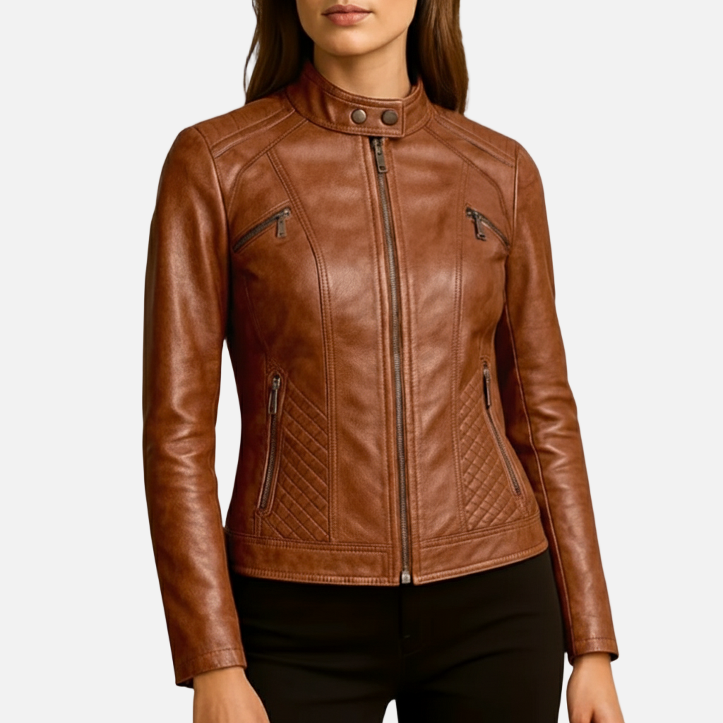 Sofia Maris Women’s Slim-Fit Zip-Up Leather Moto Jacket - Sofia Maris
