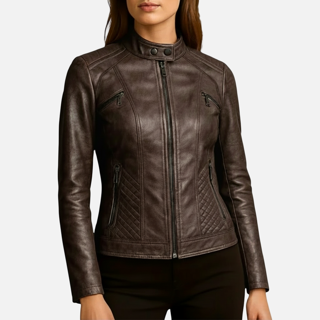 Sofia Maris Women’s Slim-Fit Zip-Up Leather Moto Jacket - Sofia Maris