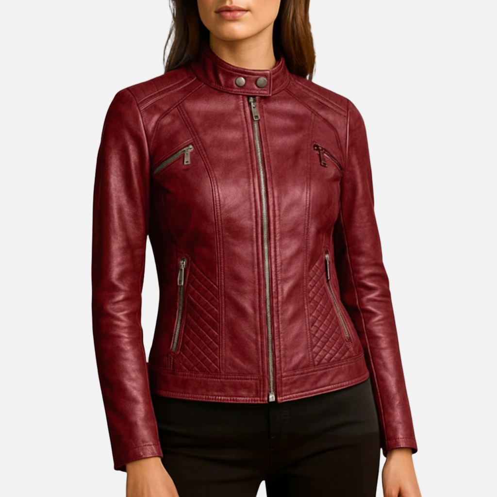 Sofia Maris Women’s Slim-Fit Zip-Up Leather Moto Jacket - Sofia Maris