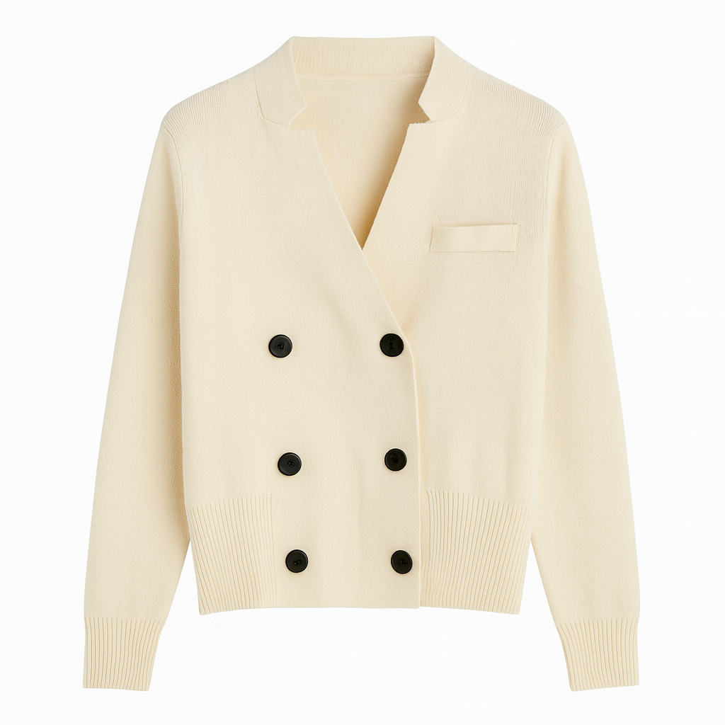 Double-breasted knit cardigan with a notched neckline, front buttons, and ribbed cuffs and hem.