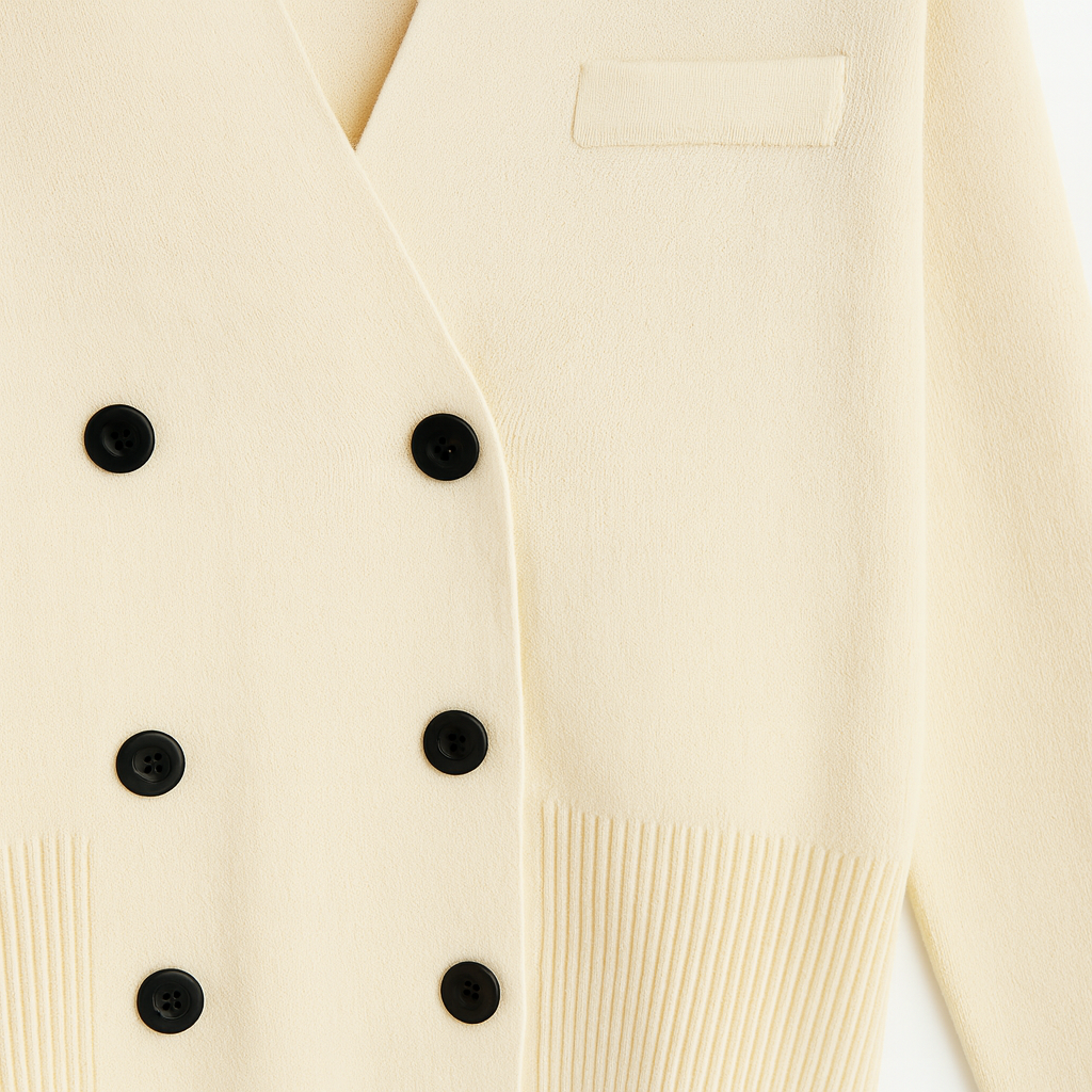 Double-breasted knit cardigan with a notched neckline, front buttons, and ribbed cuffs and hem.