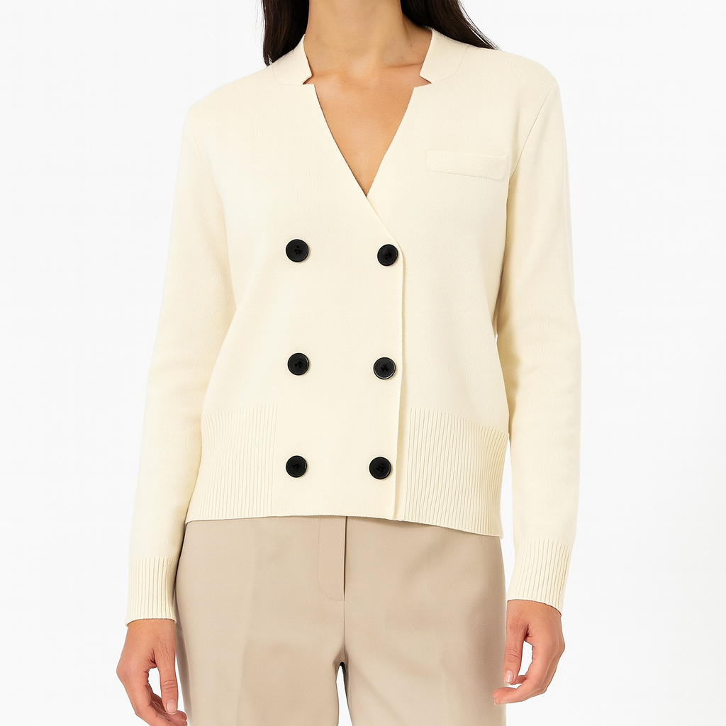 Double-breasted knit cardigan with a notched neckline, front buttons, and ribbed cuffs and hem.