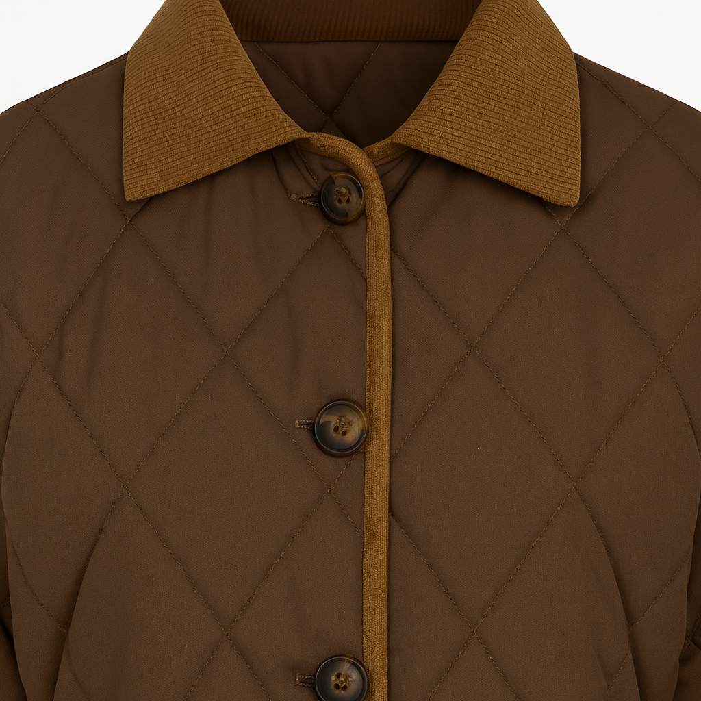 Quilted jacket with a collared neckline, snap button closure, and front pockets.