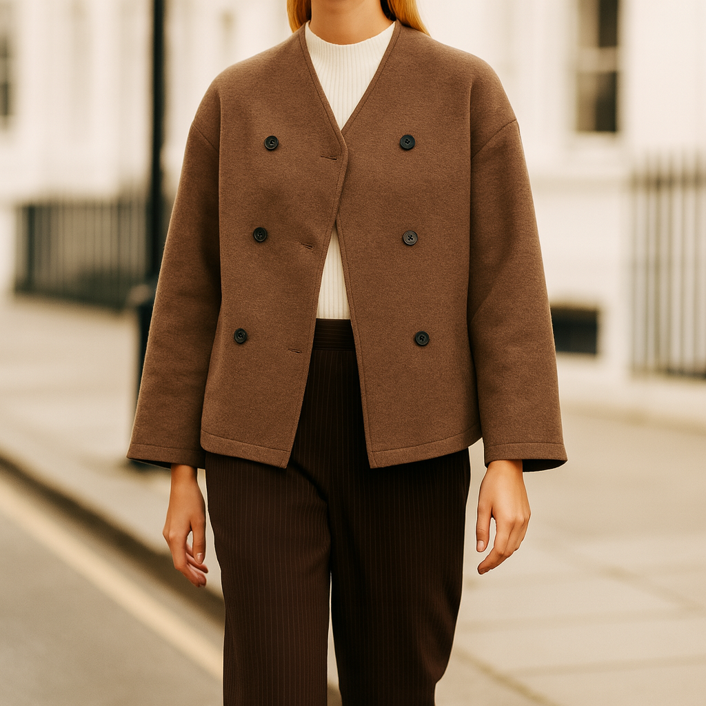 Long-sleeve double-breasted jacket with a V-neckline, button closure, and relaxed fit.