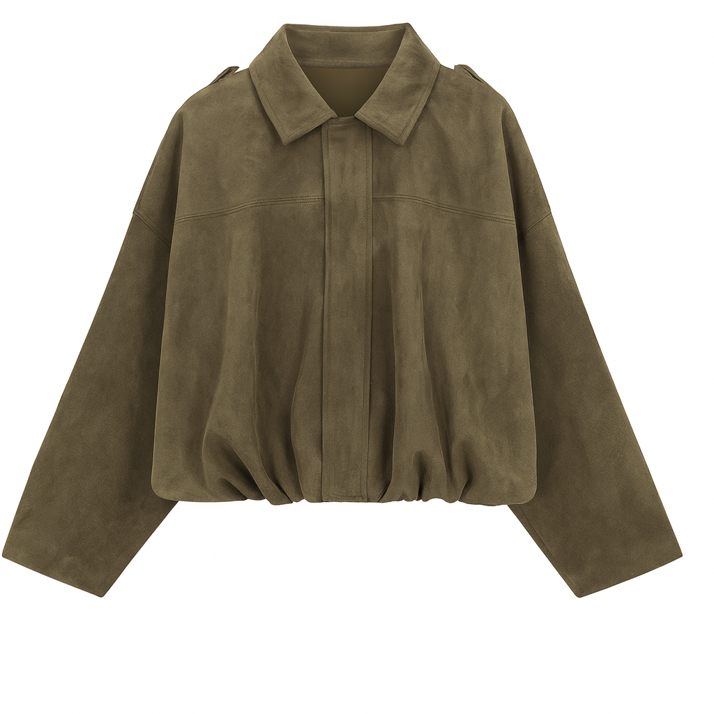 Oversized jacket with a collared neckline, hidden front closure, dropped shoulders, and gathered hem.
