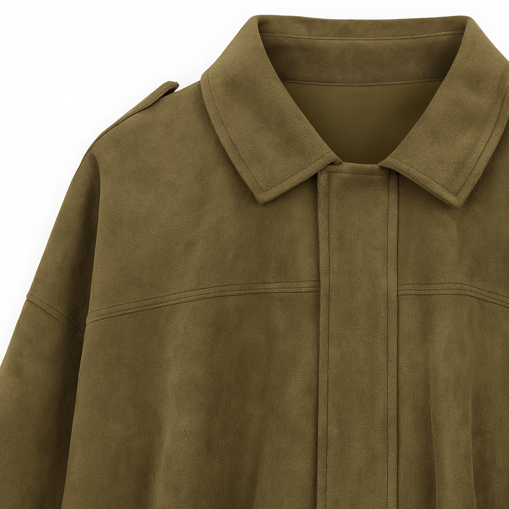 Oversized jacket with a collared neckline, hidden front closure, dropped shoulders, and gathered hem.