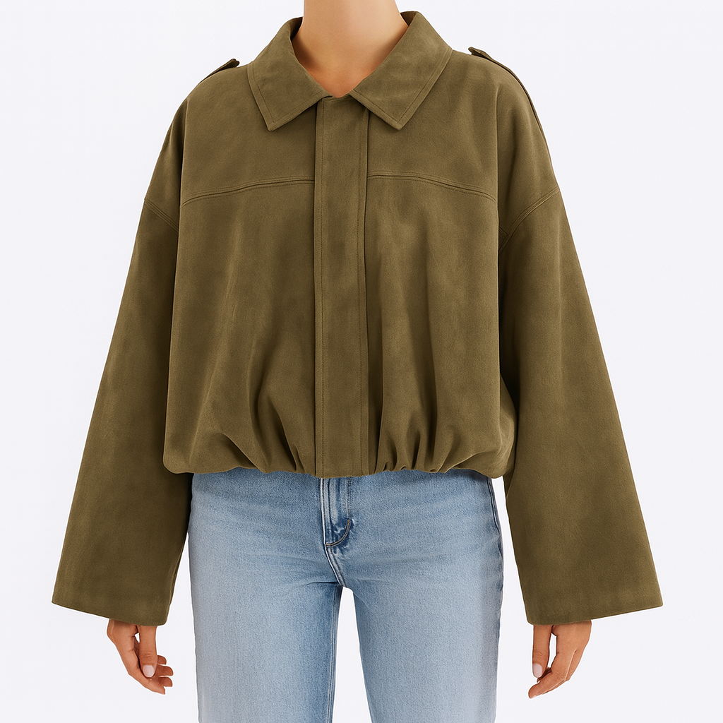 Oversized jacket with a collared neckline, hidden front closure, dropped shoulders, and gathered hem.