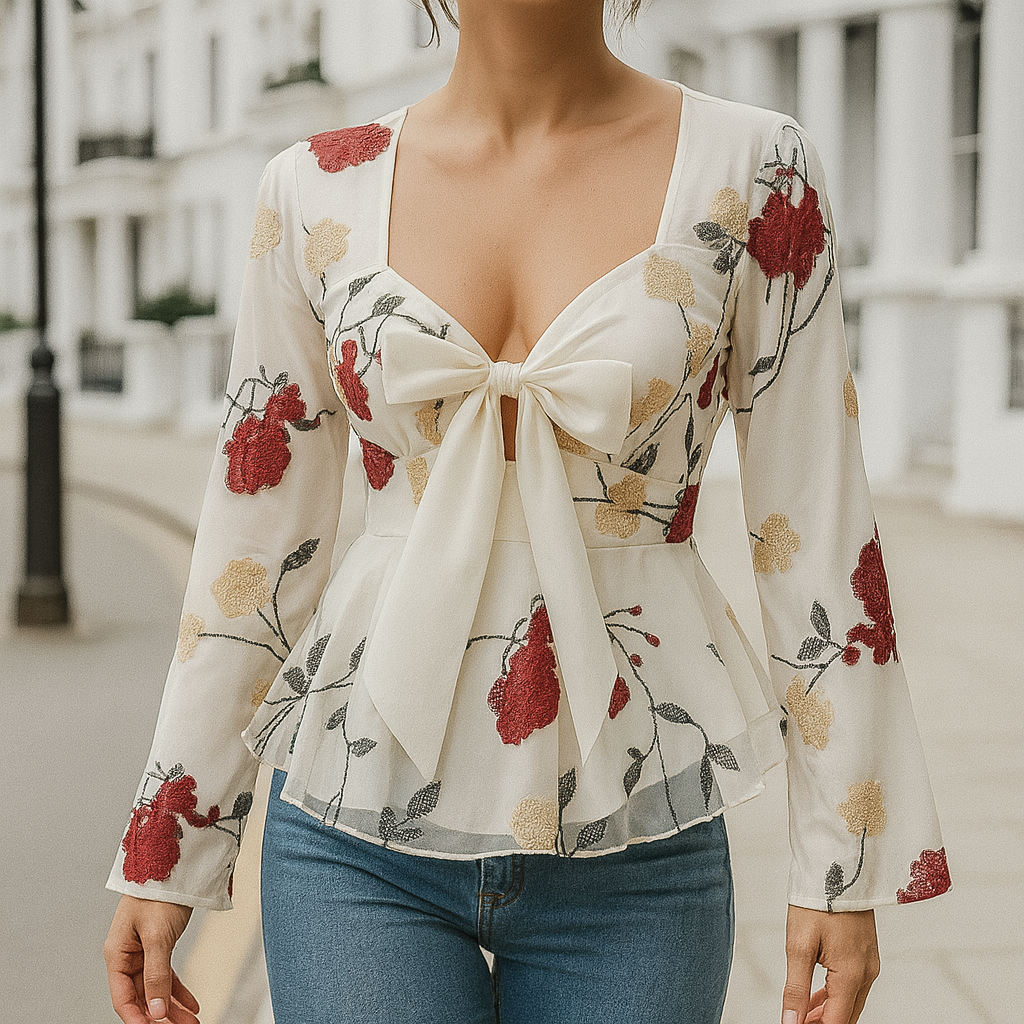Long-sleeve sheer blouse with a fitted waist, front bow tie, and floral embroidery.