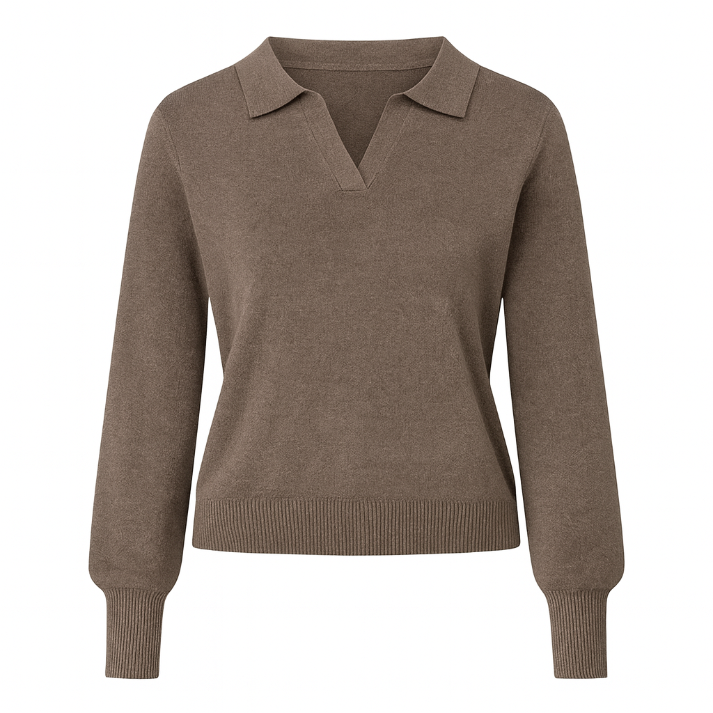 Long-sleeve knit top with a split collar neckline and ribbed cuffs and hem.