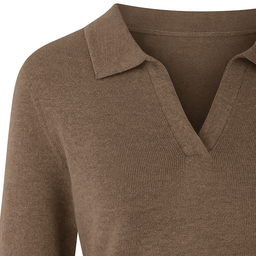 Long-sleeve knit top with a split collar neckline and ribbed cuffs and hem.
