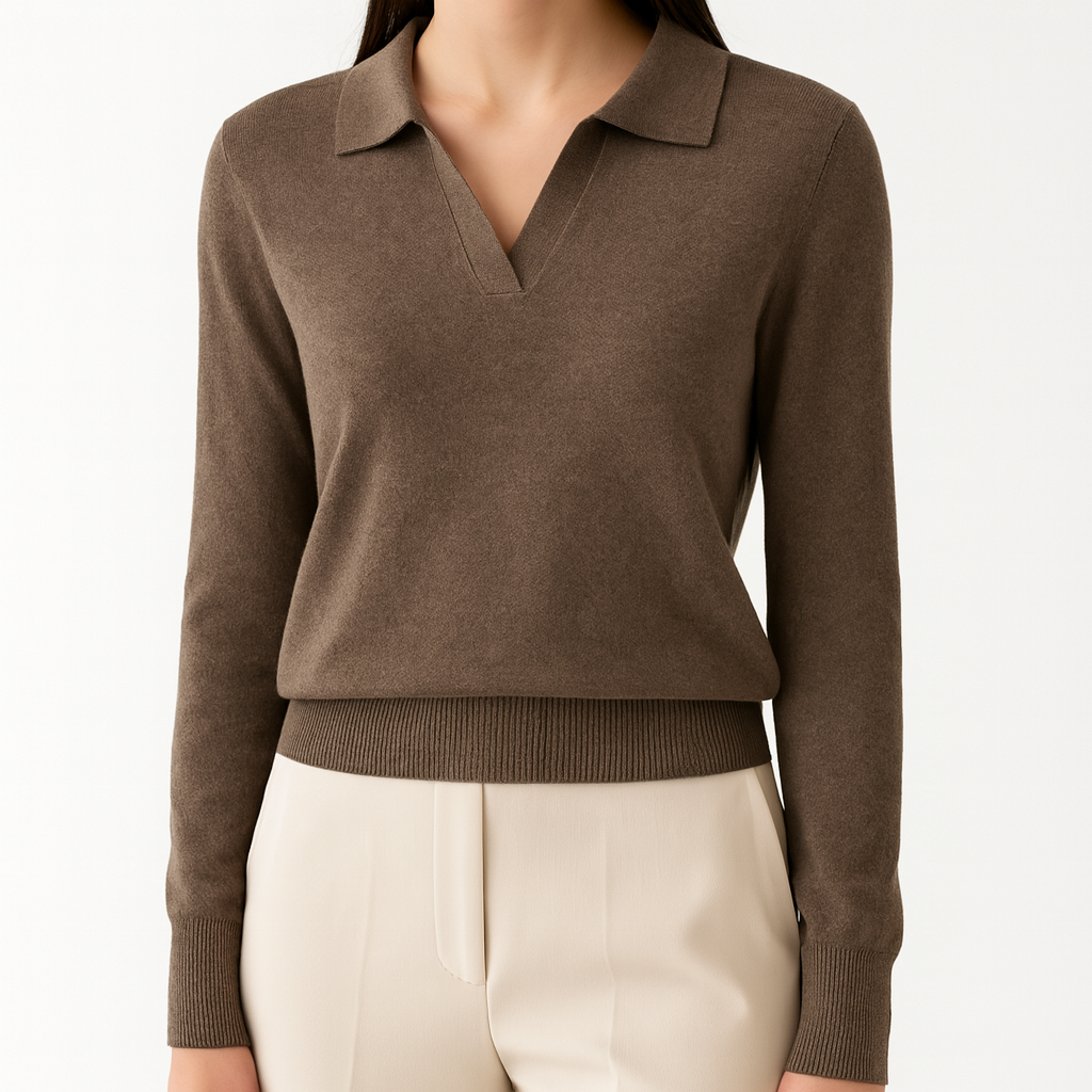 Long-sleeve knit top with a split collar neckline and ribbed cuffs and hem.