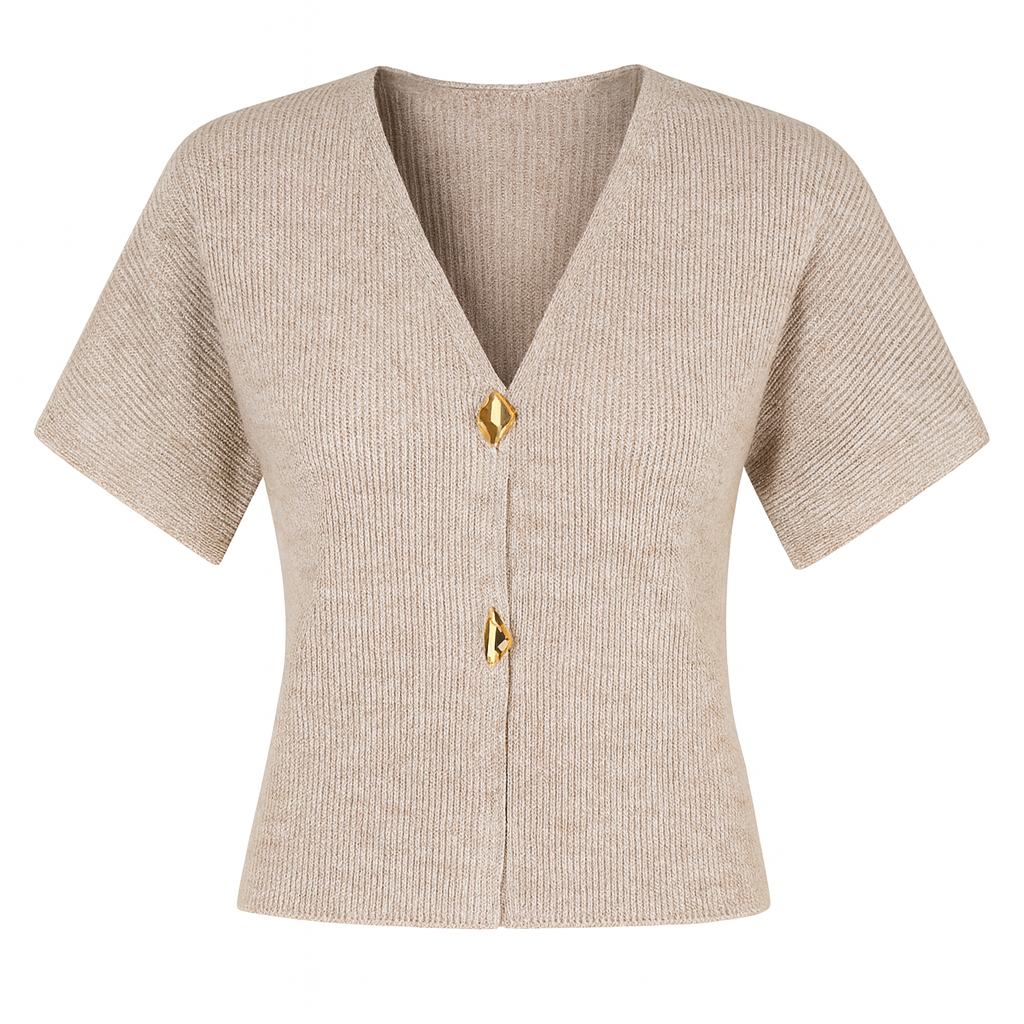 Short-sleeve knit top with a V-neckline and two front decorative buttons.
