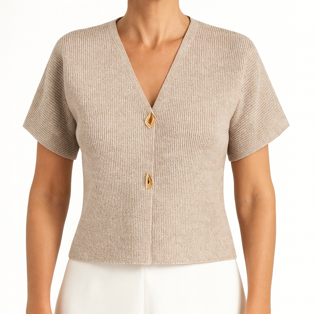 Short-sleeve knit top with a V-neckline and two front decorative buttons.