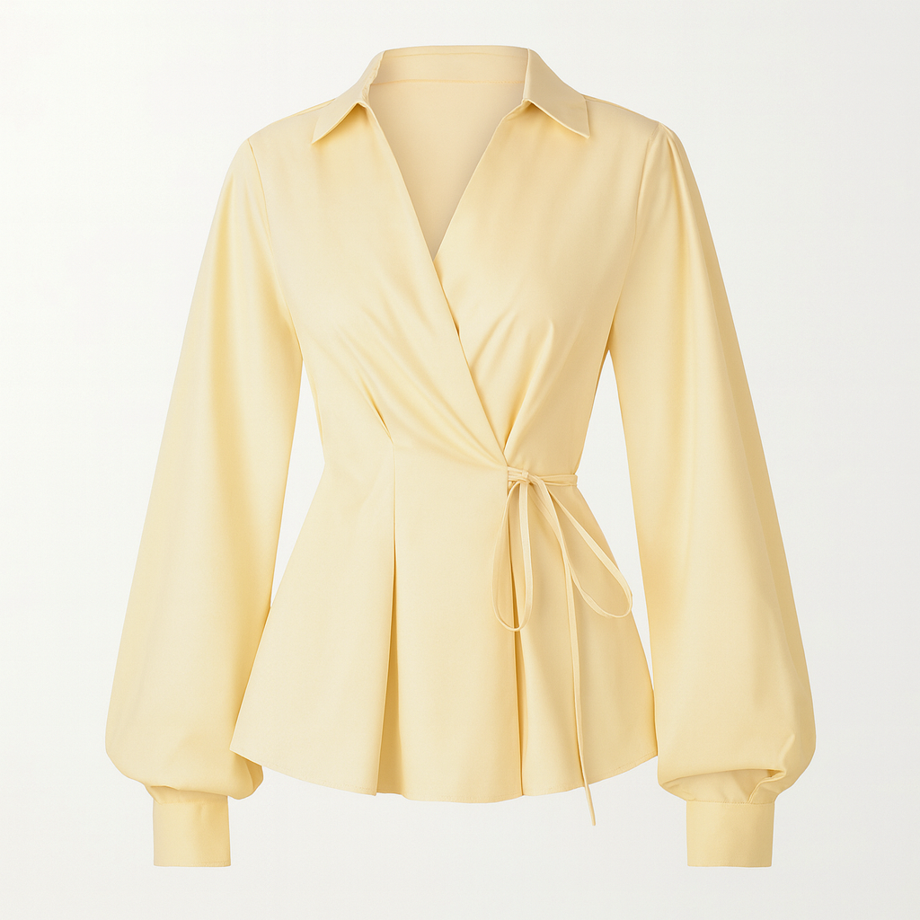 Long-sleeve wrap blouse with a collared neckline, tie closure at the waist, and gathered cuffs.