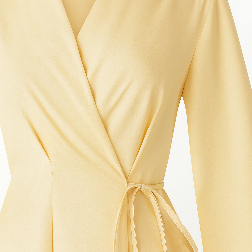 Long-sleeve wrap blouse with a collared neckline, tie closure at the waist, and gathered cuffs.