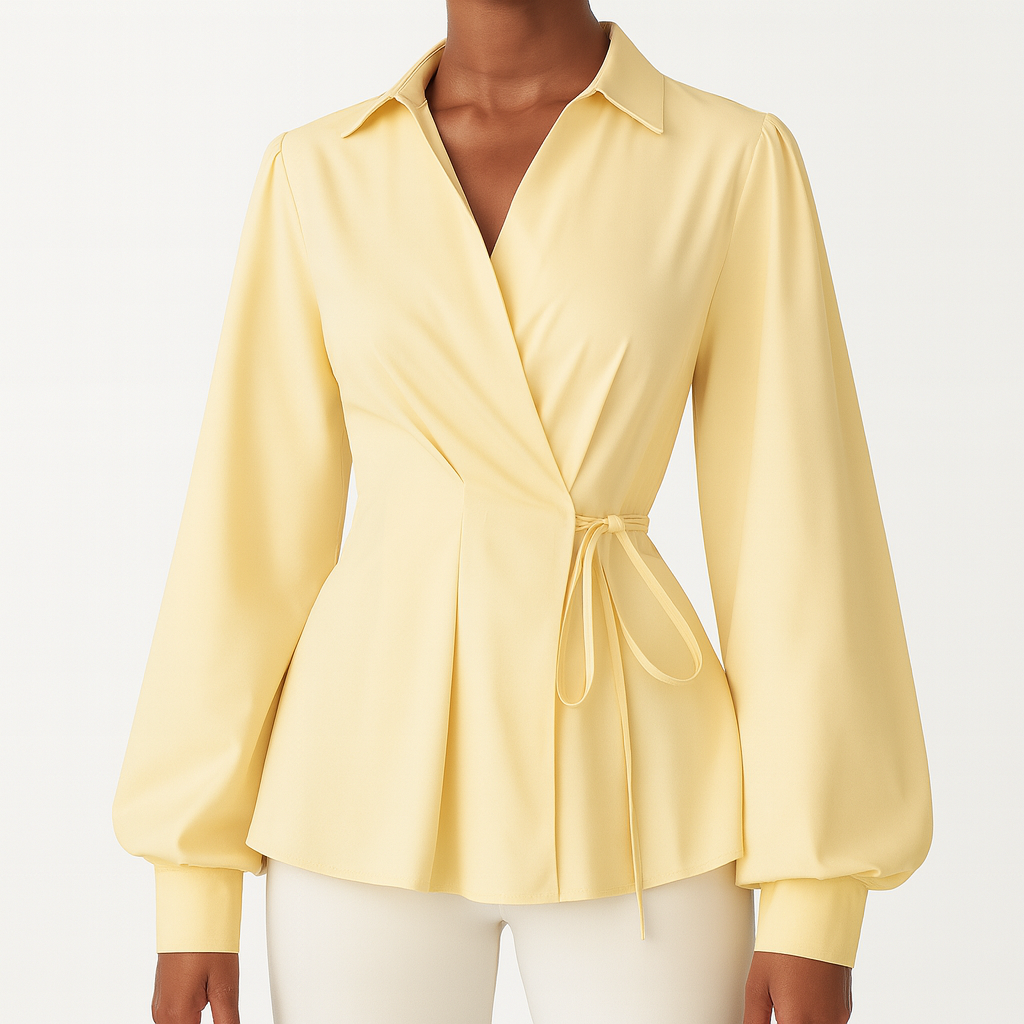 Long-sleeve wrap blouse with a collared neckline, tie closure at the waist, and gathered cuffs.