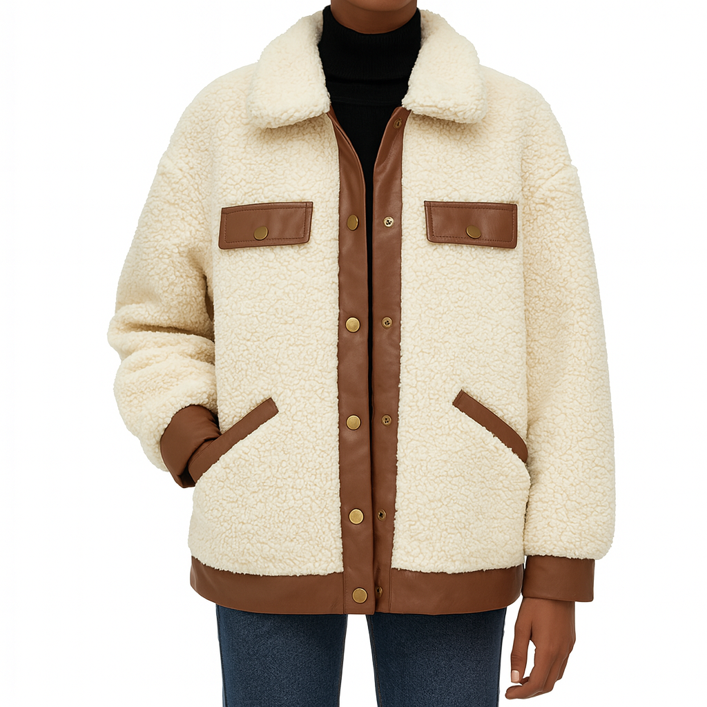 Sherpa jacket with a collared neckline, snap button closure, flap chest pockets, and contrast trim details.