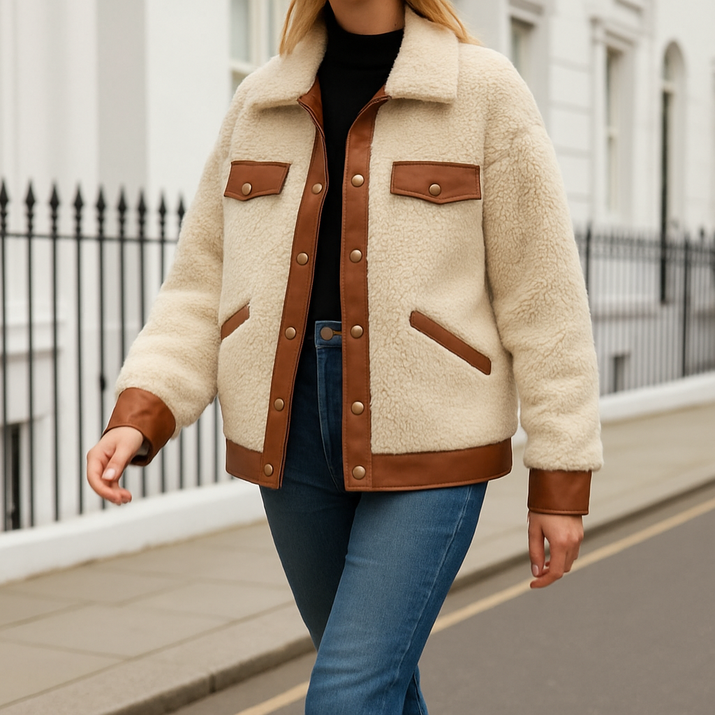 Sherpa jacket with a collared neckline, snap button closure, flap chest pockets, and contrast trim details.