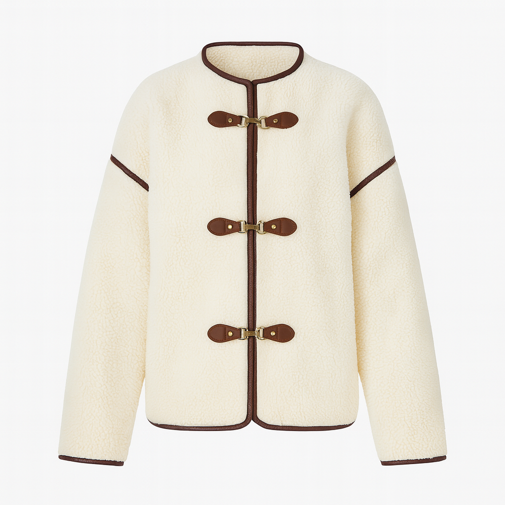 Fleece jacket with a round neckline, front toggle closures, and contrast trim edging.