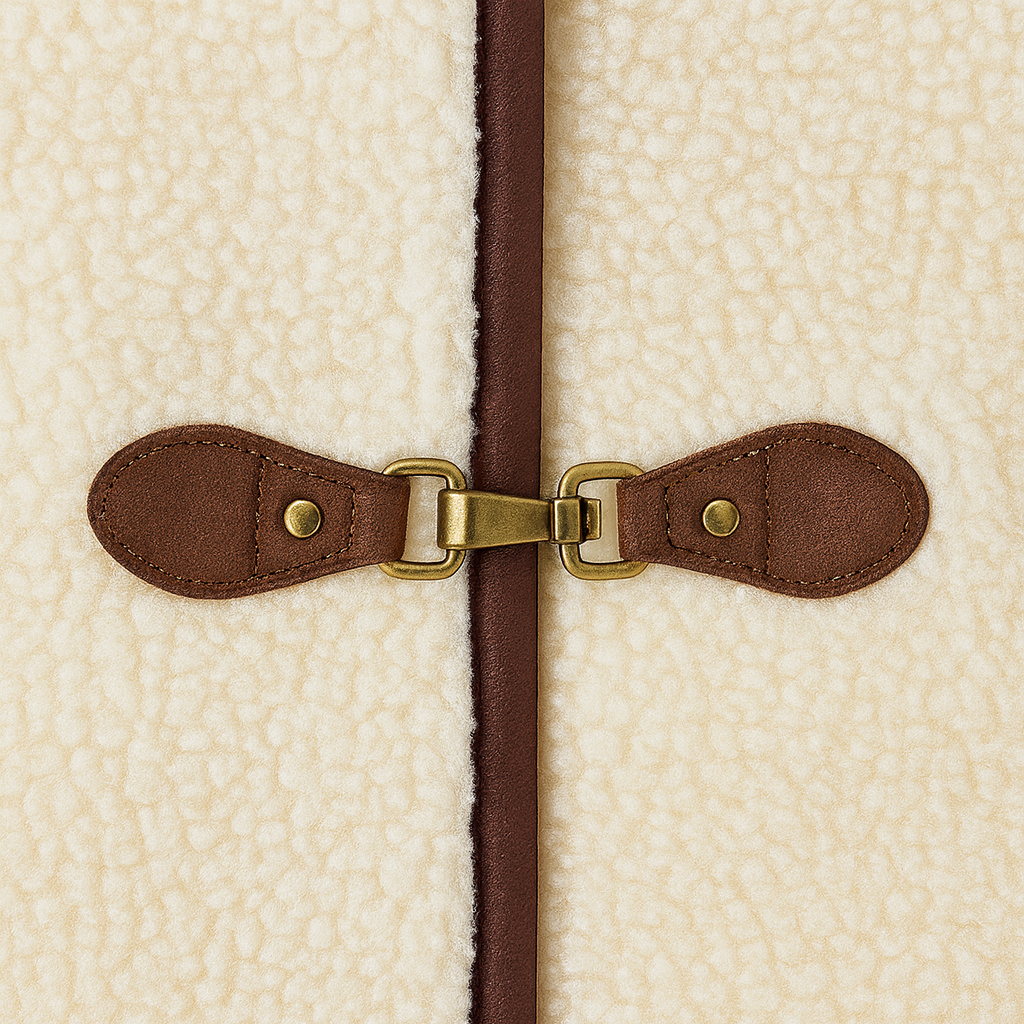 Fleece jacket with a round neckline, front toggle closures, and contrast trim edging.