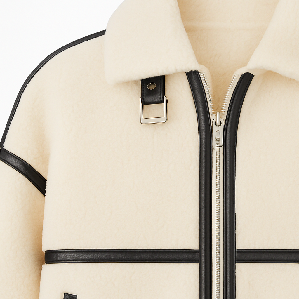 Fleece jacket with a front zipper, stand collar with buckle detail, and contrast trim accents.