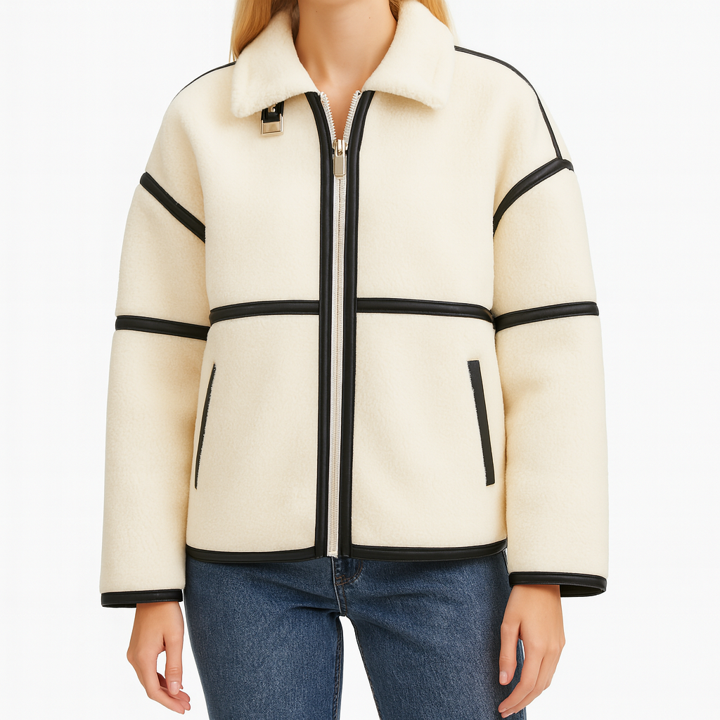Fleece jacket with a front zipper, stand collar with buckle detail, and contrast trim accents.