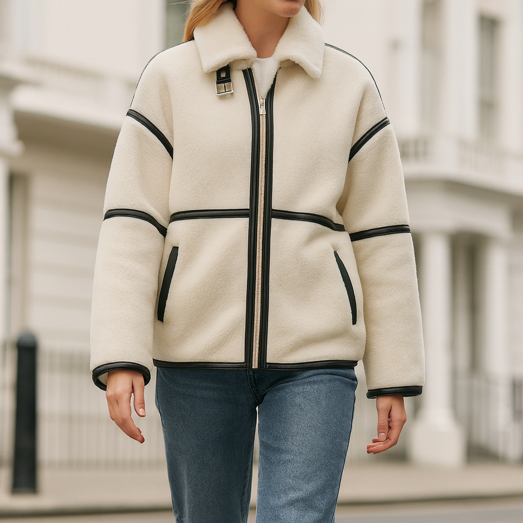 Fleece jacket with a front zipper, stand collar with buckle detail, and contrast trim accents.