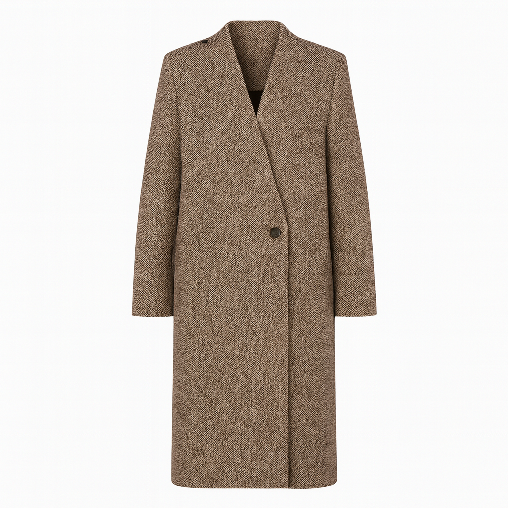 Long tailored coat with a notched lapel collar, single-button closure, and side pockets.