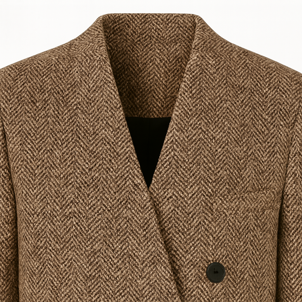 Long tailored coat with a notched lapel collar, single-button closure, and side pockets.