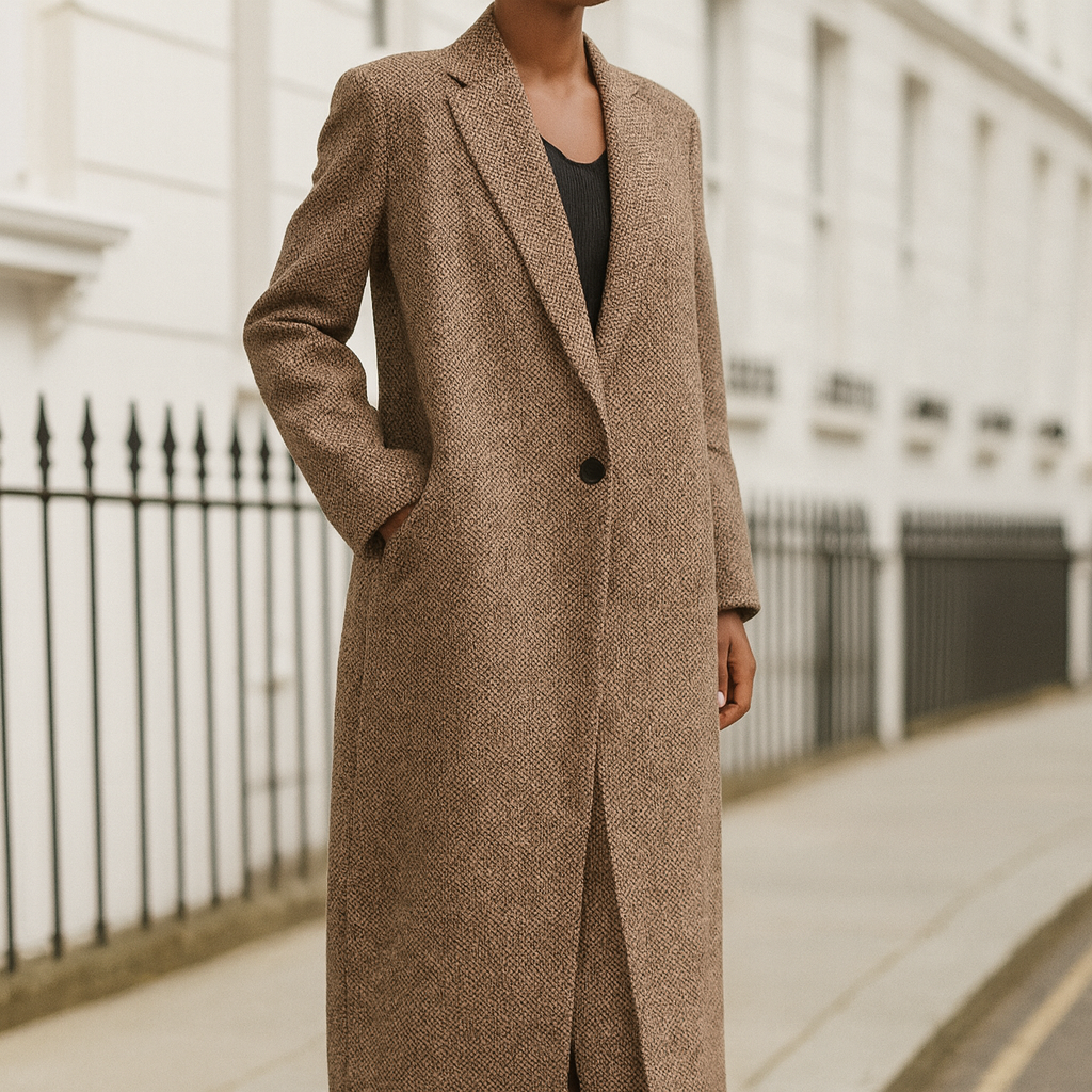 Long tailored coat with a notched lapel collar, single-button closure, and side pockets.