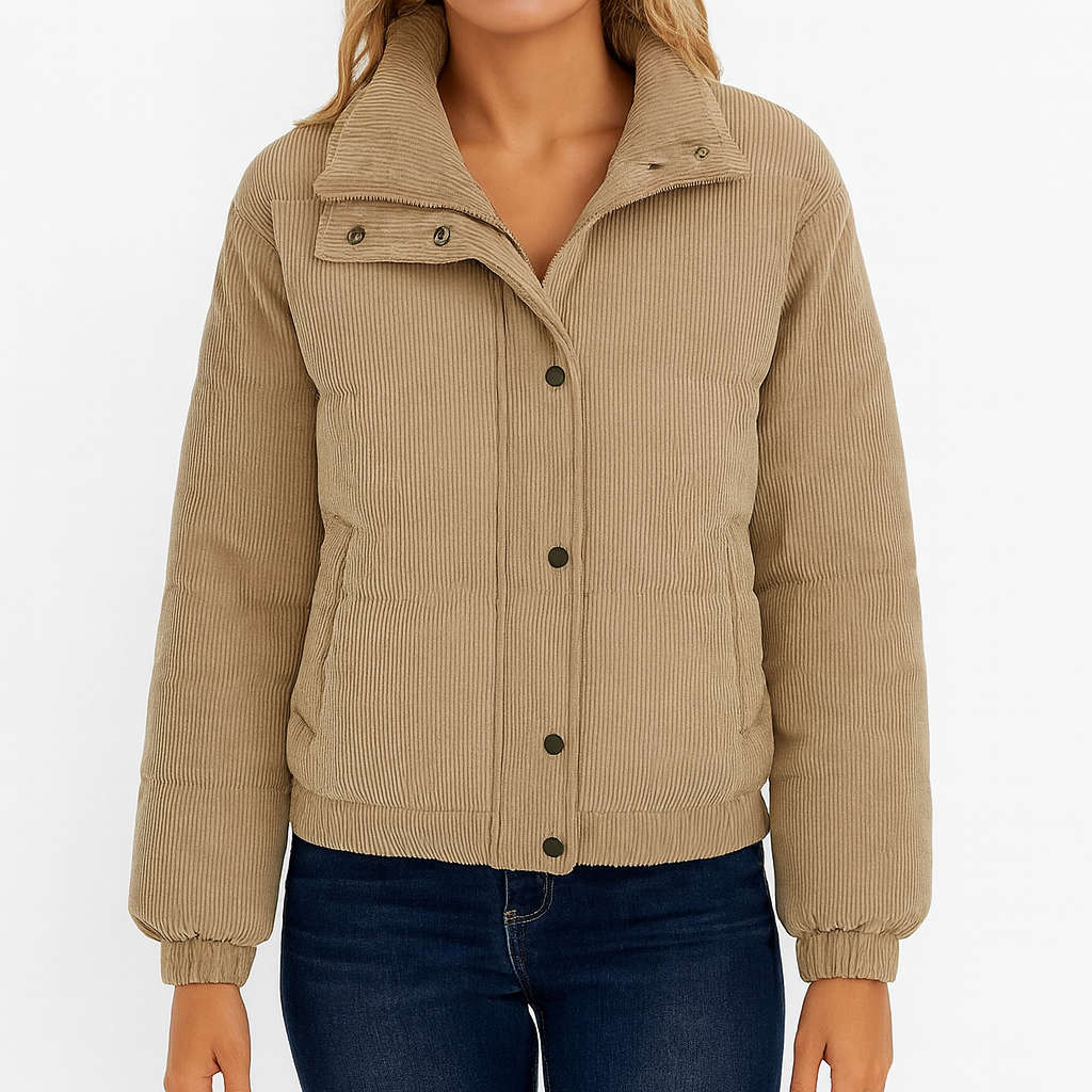Corduroy puffer jacket with a front zipper, snap buttons, long sleeves, and a stand collar.