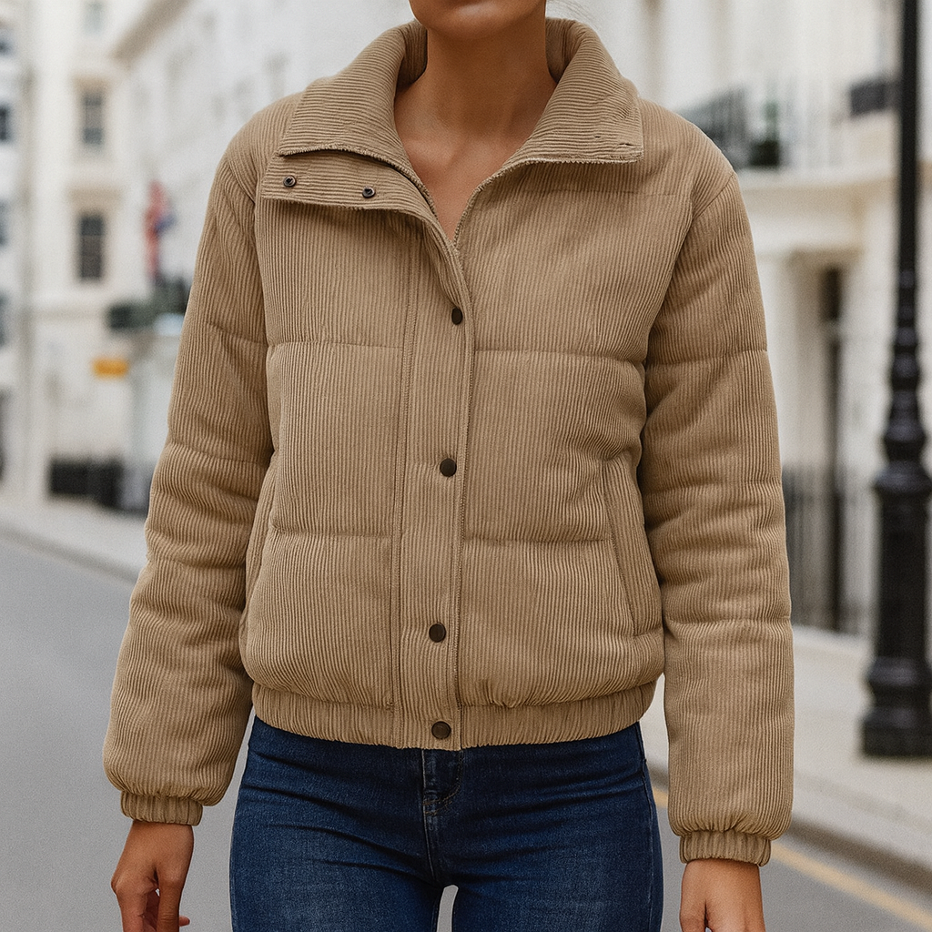Corduroy puffer jacket with a front zipper, snap buttons, long sleeves, and a stand collar.