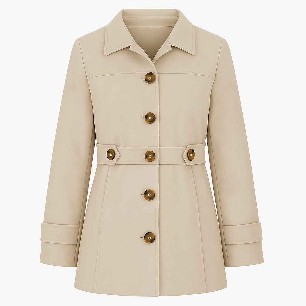 Long-sleeve coat with a collared neckline, front button closure, fitted waist detail, and side pockets.