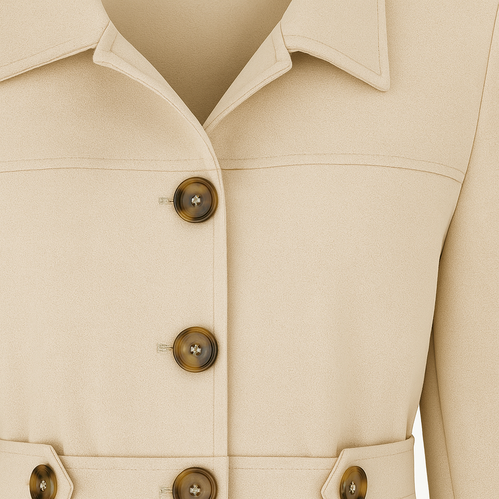 Long-sleeve coat with a collared neckline, front button closure, fitted waist detail, and side pockets.