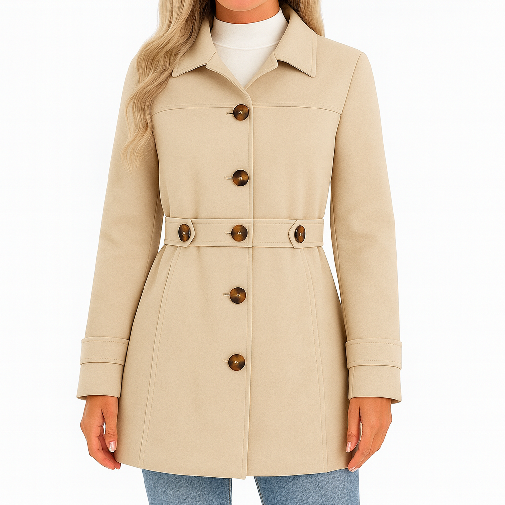 Long-sleeve coat with a collared neckline, front button closure, fitted waist detail, and side pockets.