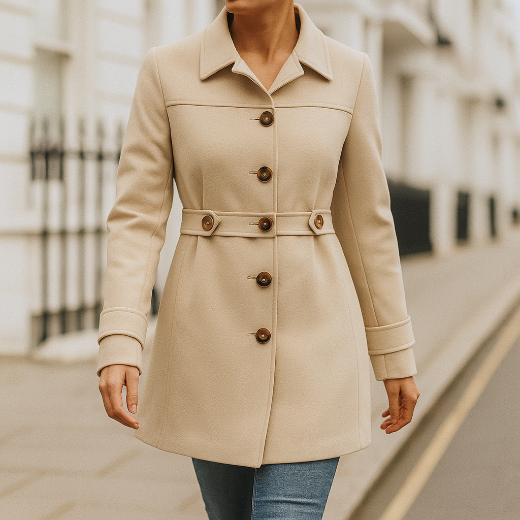 Long-sleeve coat with a collared neckline, front button closure, fitted waist detail, and side pockets.