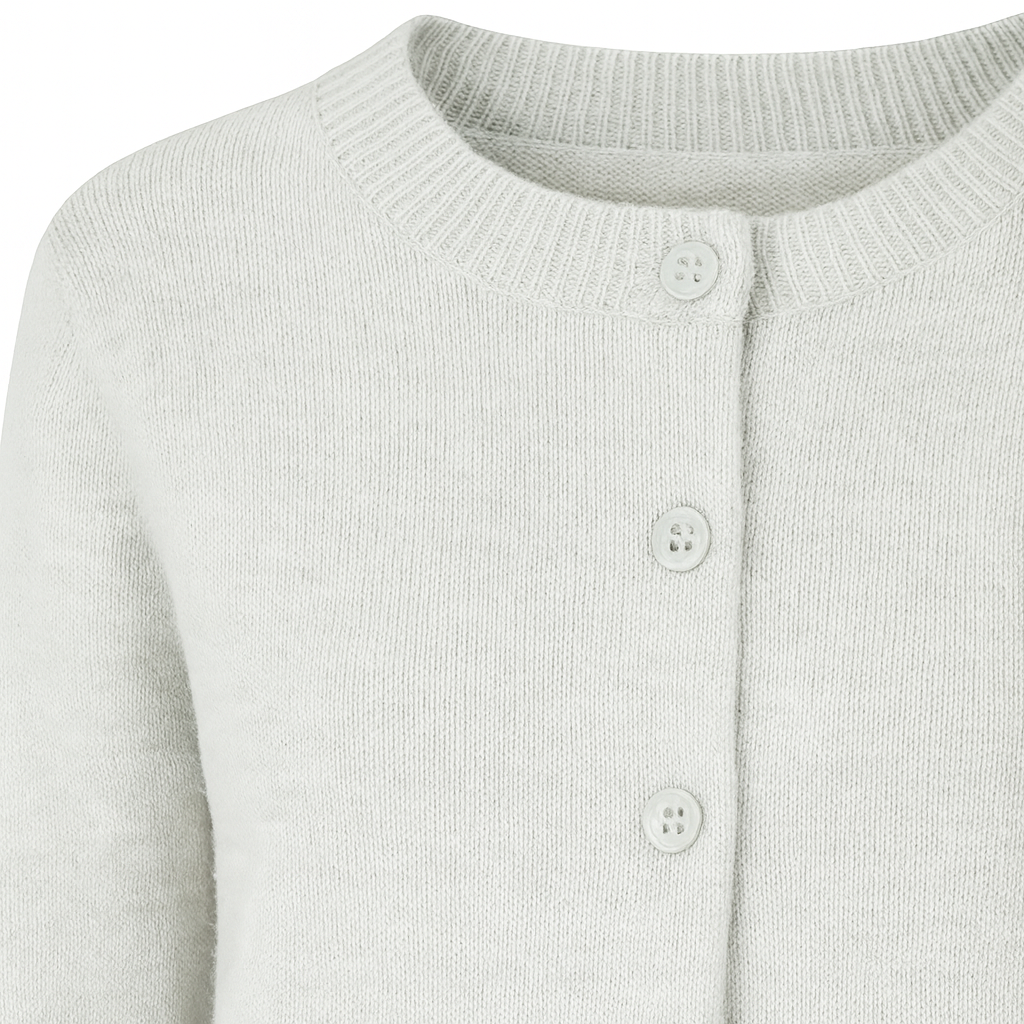 Long-sleeve knit cardigan with a crew neckline, front button closure, and ribbed cuffs and hem.