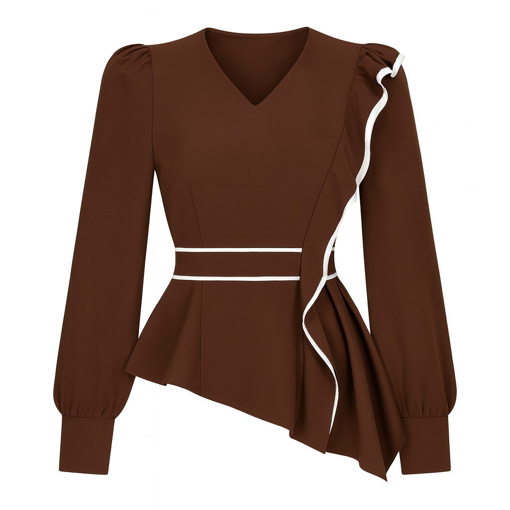 Long-sleeve blouse with a V-neckline, asymmetrical ruffle trim, fitted waist, and puffed cuffs.