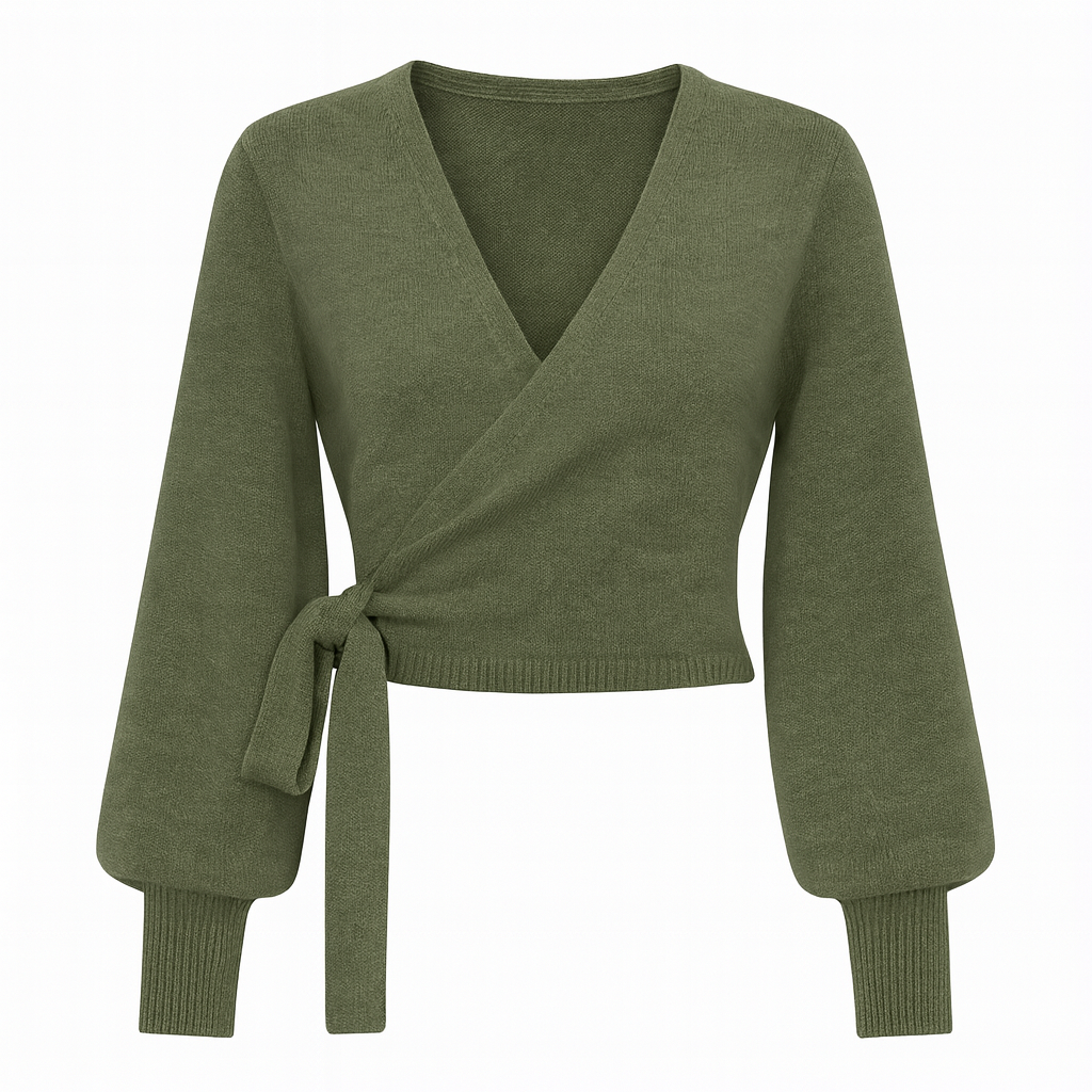 Long-sleeve wrap sweater with a V-neckline, tie closure at the side, and ribbed cuffs and hem.