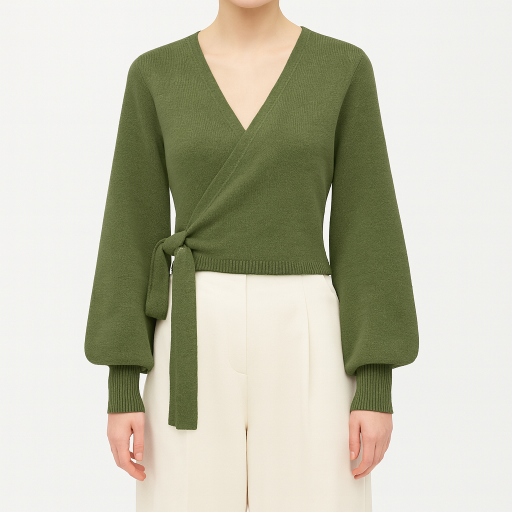 Long-sleeve wrap sweater with a V-neckline, tie closure at the side, and ribbed cuffs and hem.