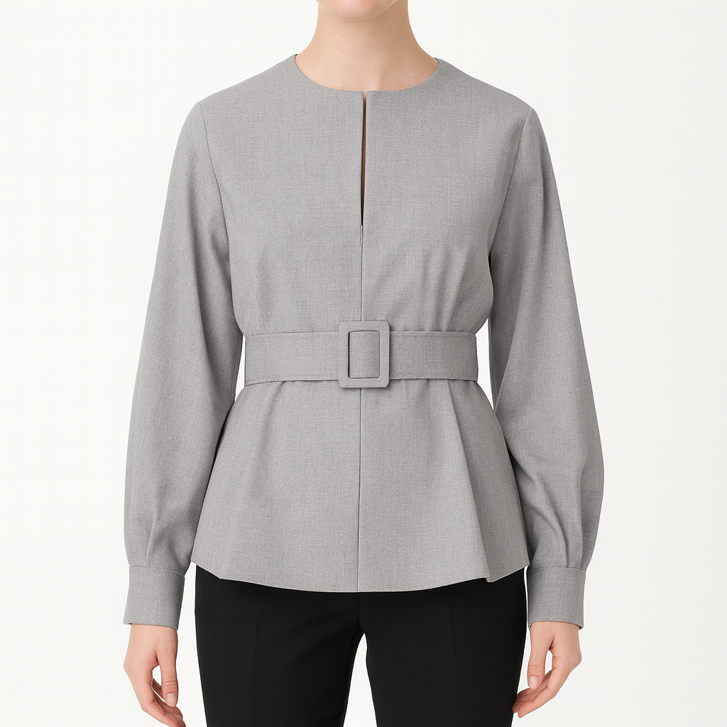 Long-sleeve blouse with a round neckline, front slit detail, belted waist, and wide cuffs.