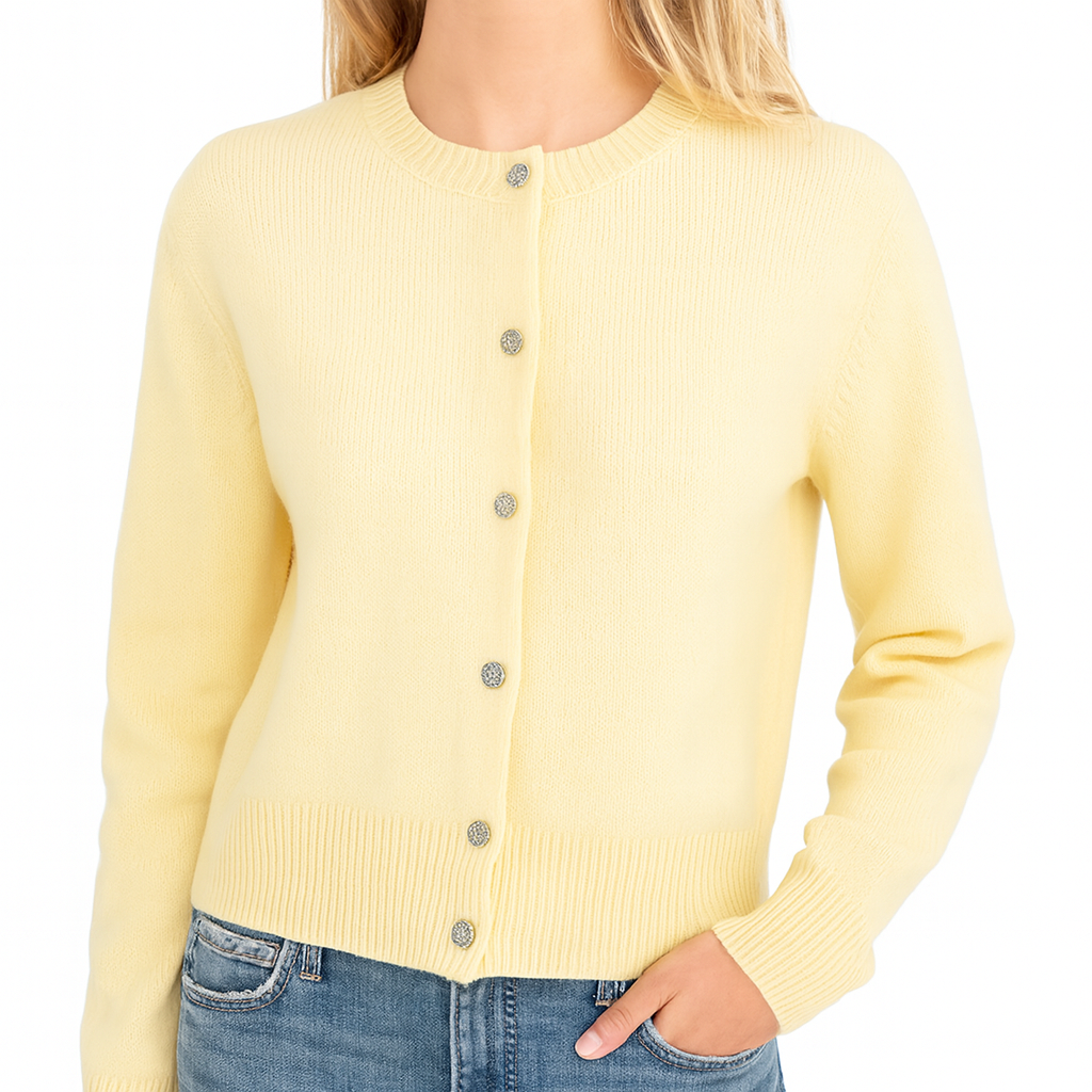 Long-sleeve knitted cardigan with a crew neckline, front button closure, and ribbed cuffs and hem.